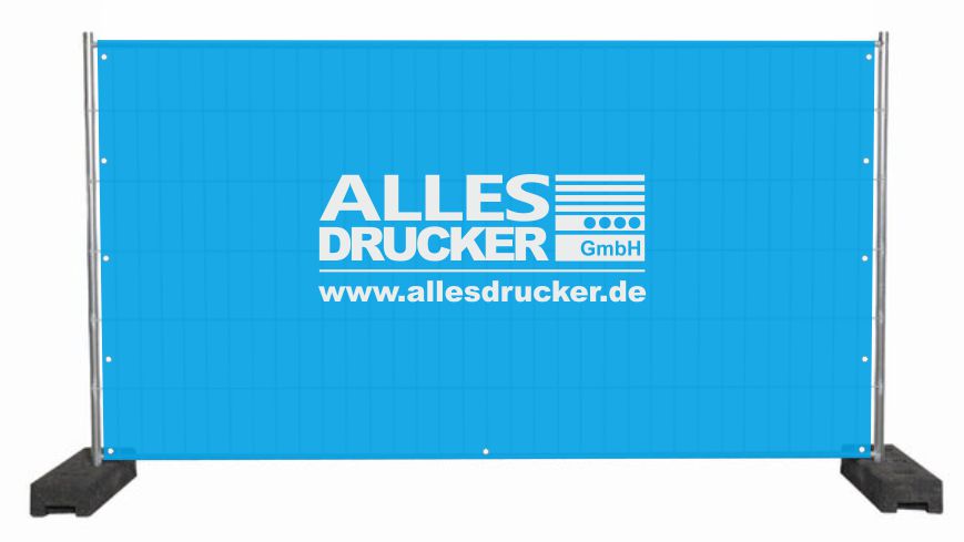 Bauzaunhusse blau mit Allesdrucker Logo Bauzaun Hussen Beispiel