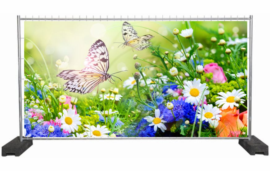 Bauzaunplane mit Naturmotiv Schmetterling Blumenwiese / Sichtschutzbanner