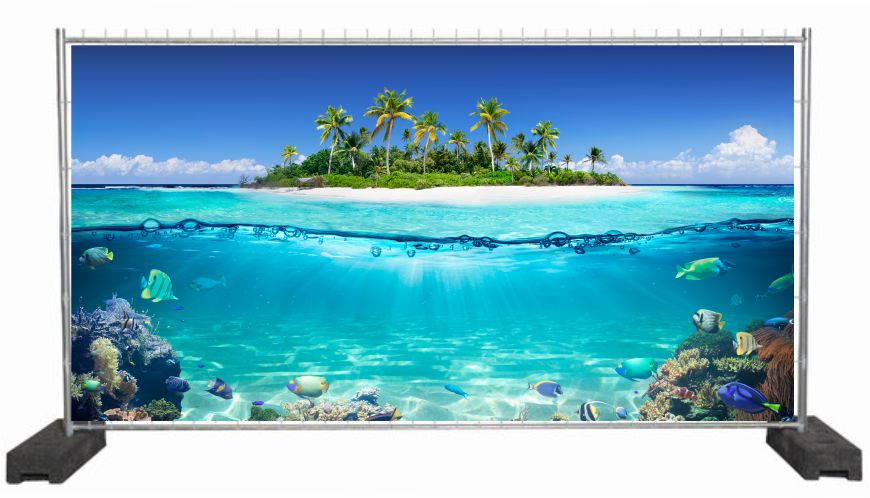 Bauzaunplane mit tropischer Insel / Sichtschutzbanner
